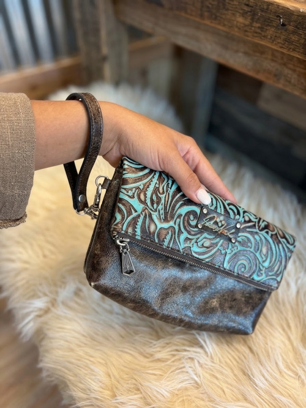 Patricia Nash Turquoise and Brown Tooled Floral Wristlet Clutch